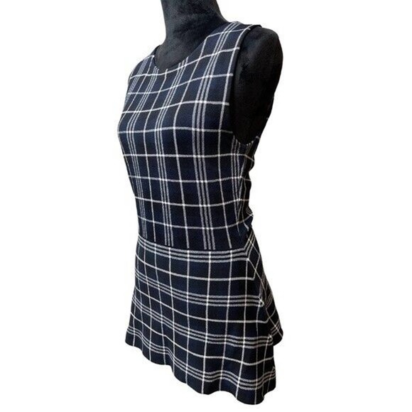 Theory Kalora Lustrate Peplum Top Plaid Navy Blue White Sleeveless Crew … - Picture 2 of 8